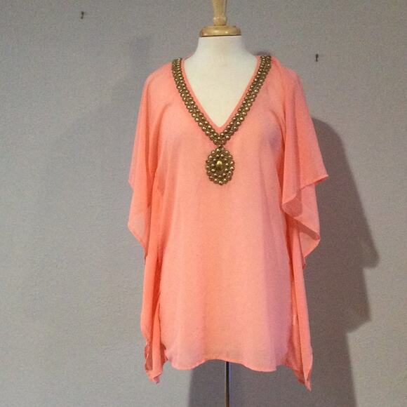 Antonio Melani Sheer Pink Beaded Neckline Flutter Sleeve Blouse Size Small - Picture 1 of 16